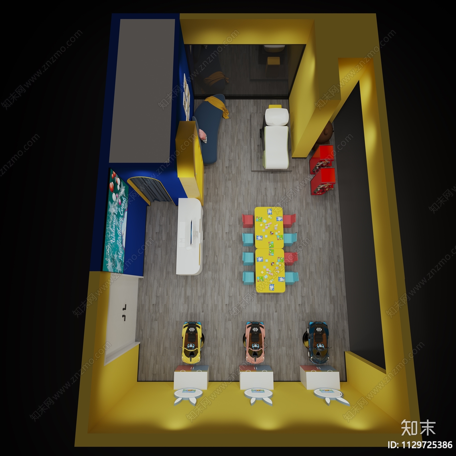 儿童理发店效果图cad施工图下载【ID:1129725386】