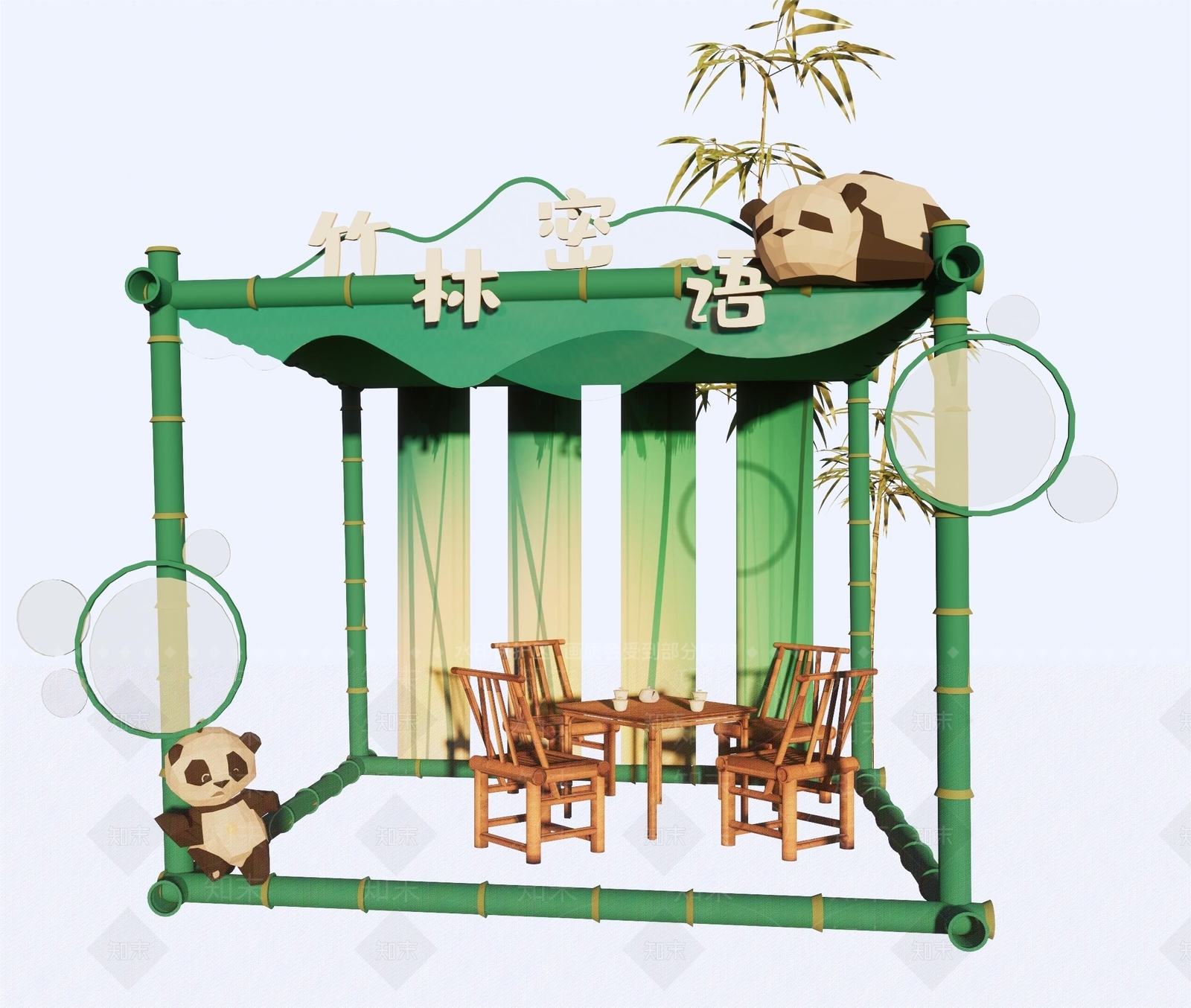 新中式熊猫茶馆美陈SU模型下载【ID:1129740397】