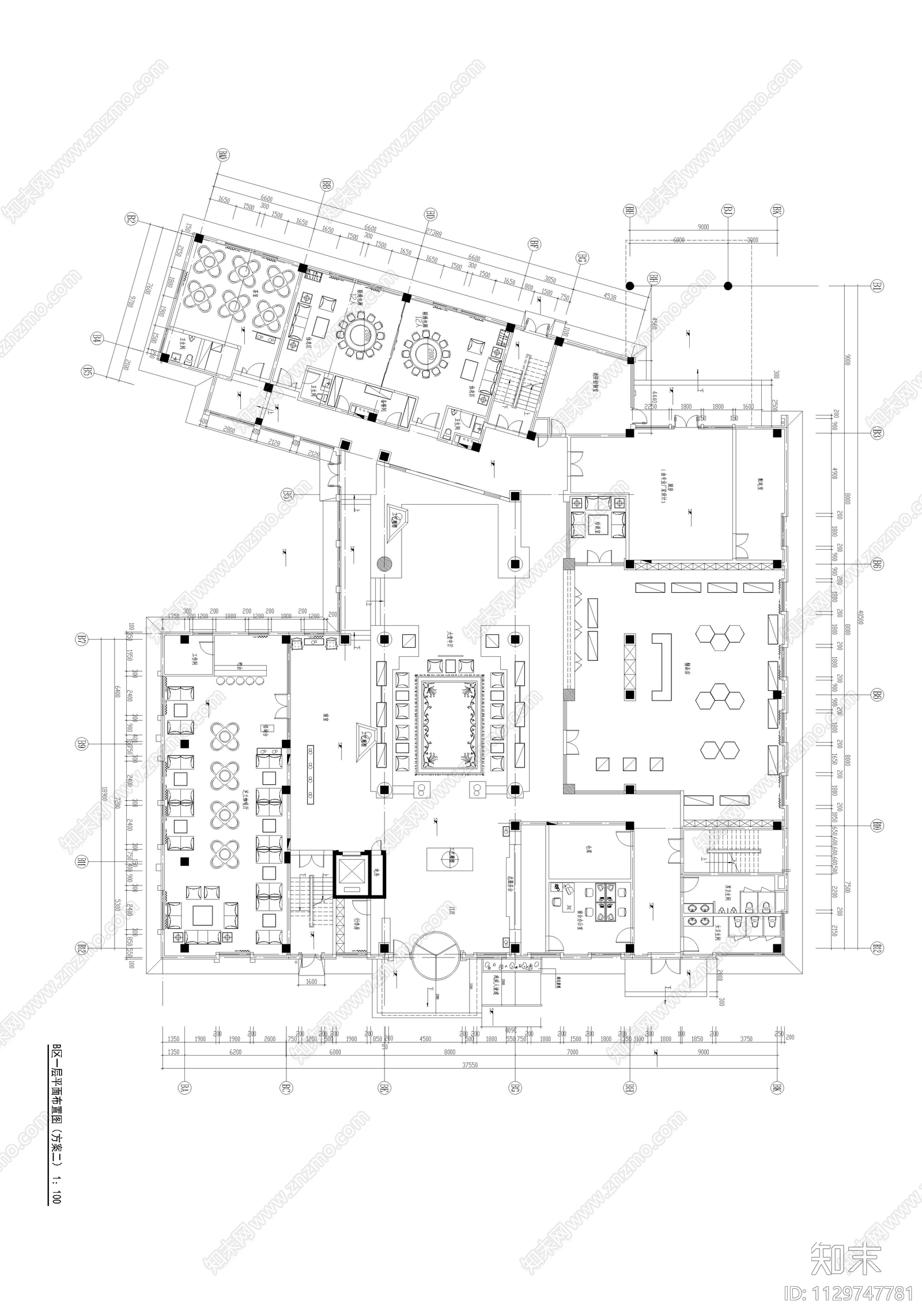 休闲会所空间室内平面布置图cad施工图下载【ID:1129747781】