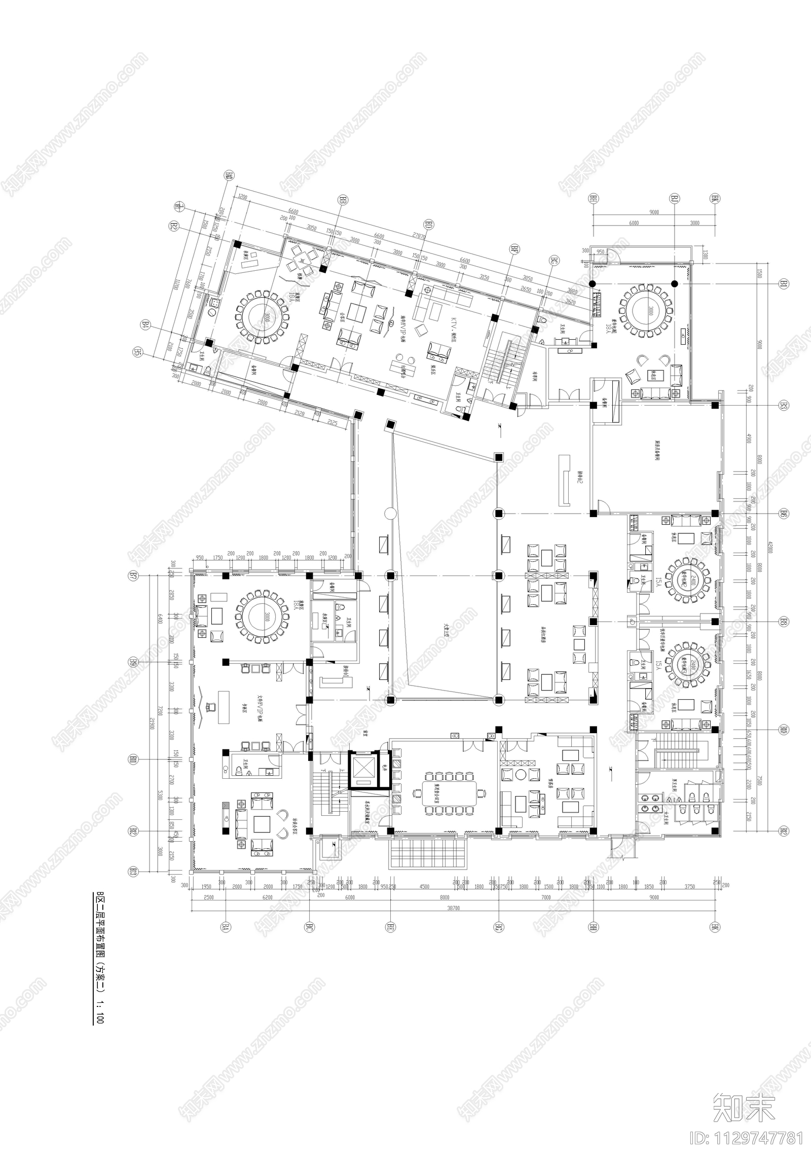 休闲会所空间室内平面布置图cad施工图下载【ID:1129747781】