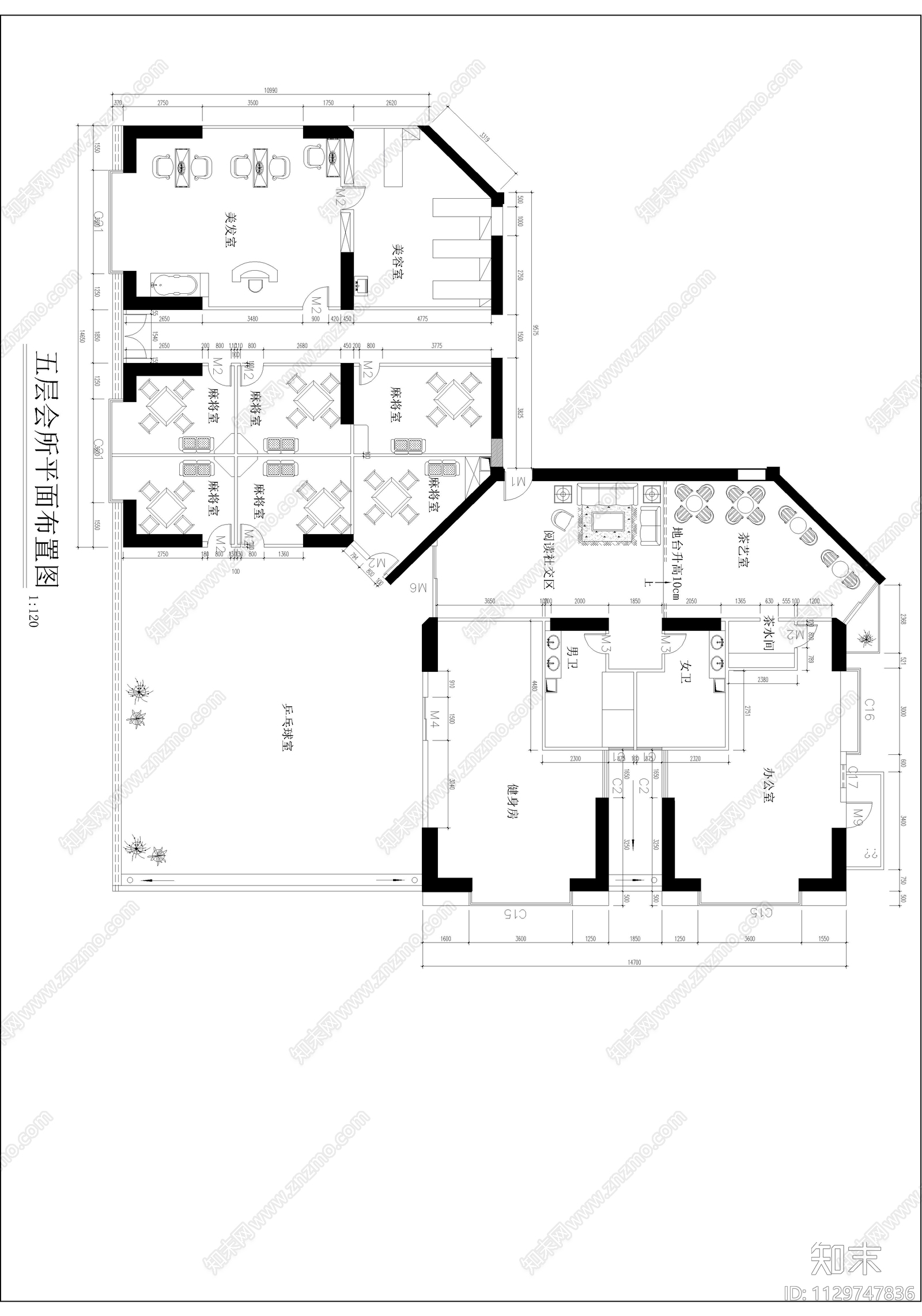 休闲会所室内cad施工图下载【ID:1129747836】