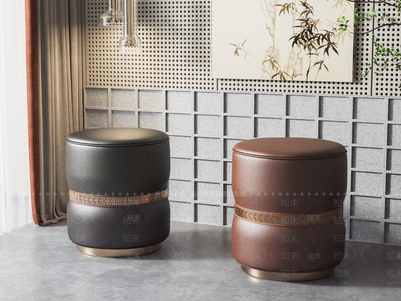 新中式皮革沙发凳组合3D模型下载【ID:1129766241】