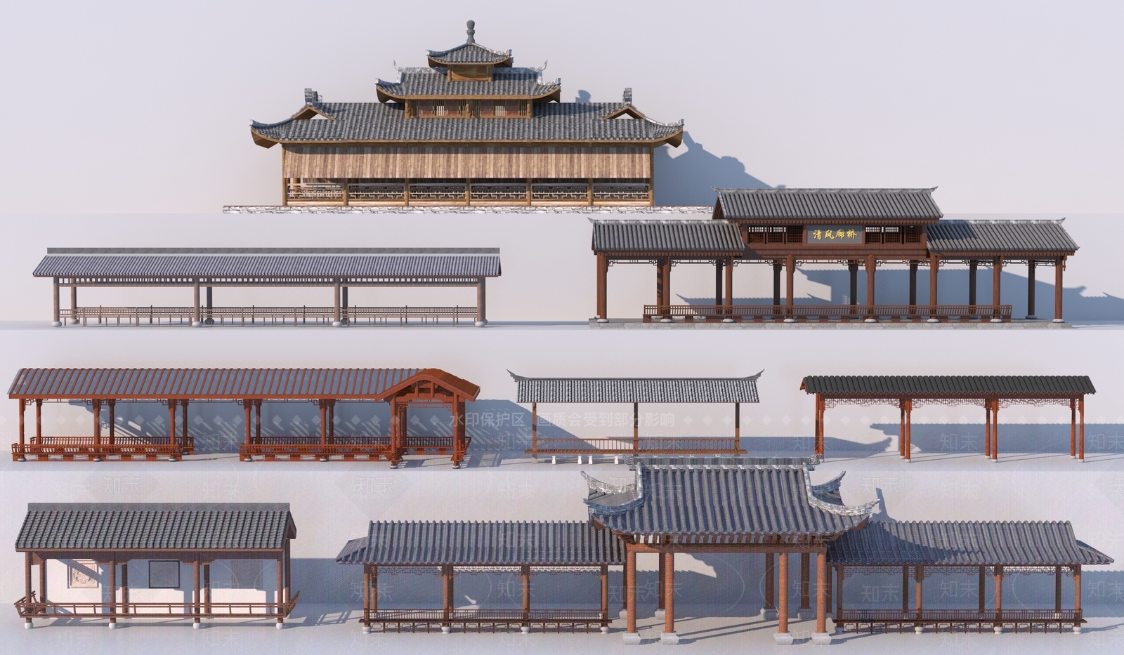 中式仿古长廊3D模型下载【ID:1129766401】