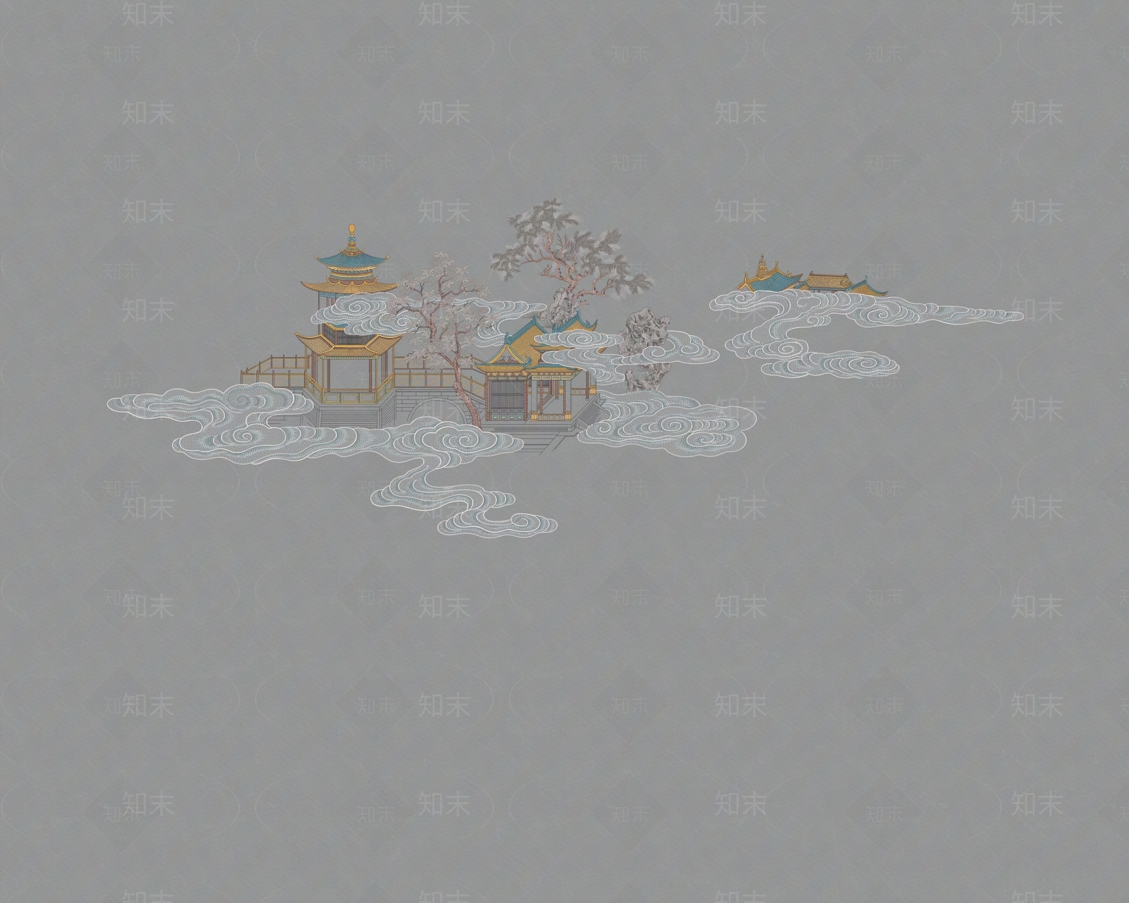 新中式祥云亭子壁画贴图下载【ID:1129767104】