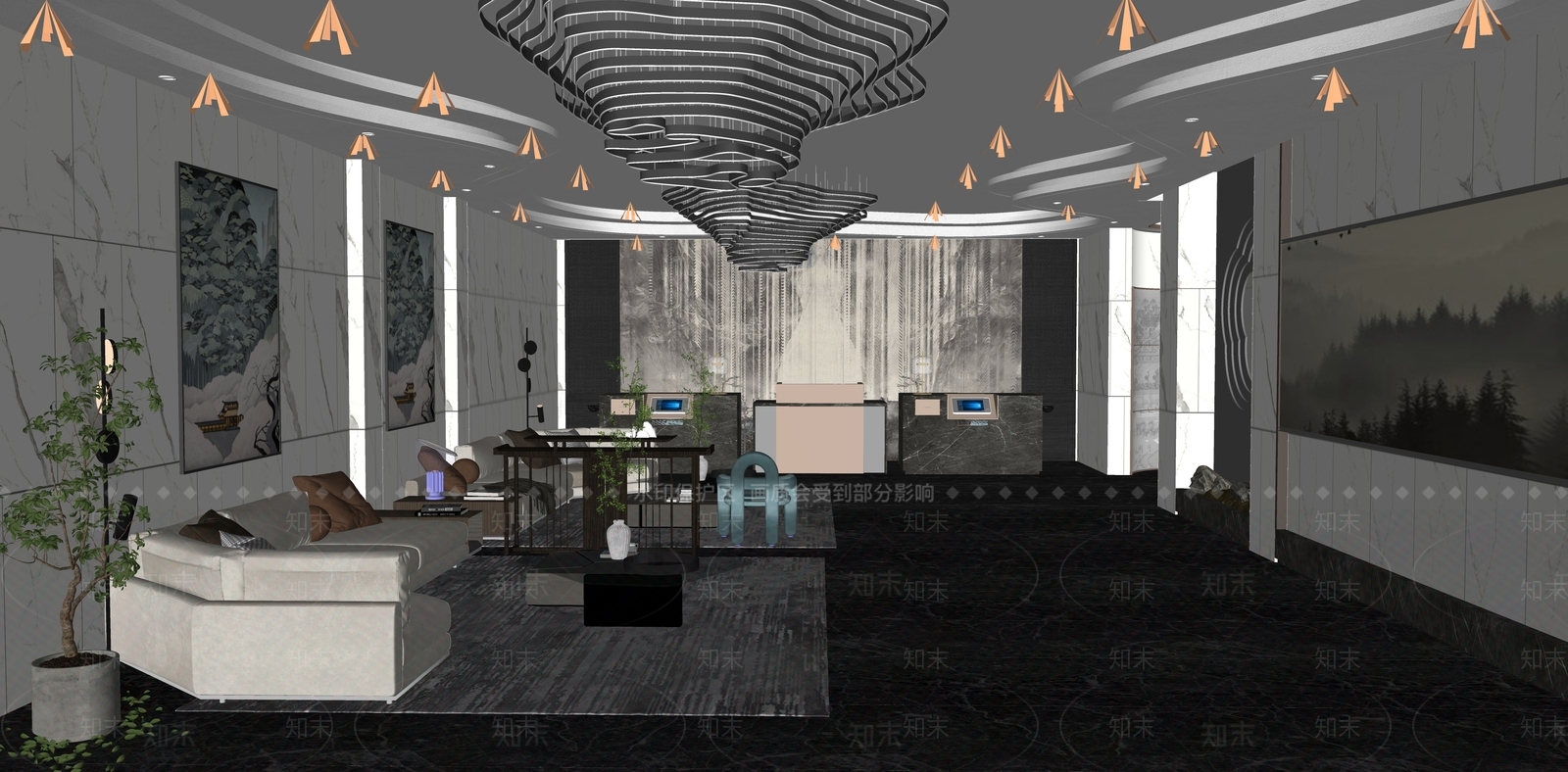 现代酒店大堂SU模型下载【ID:1129788291】