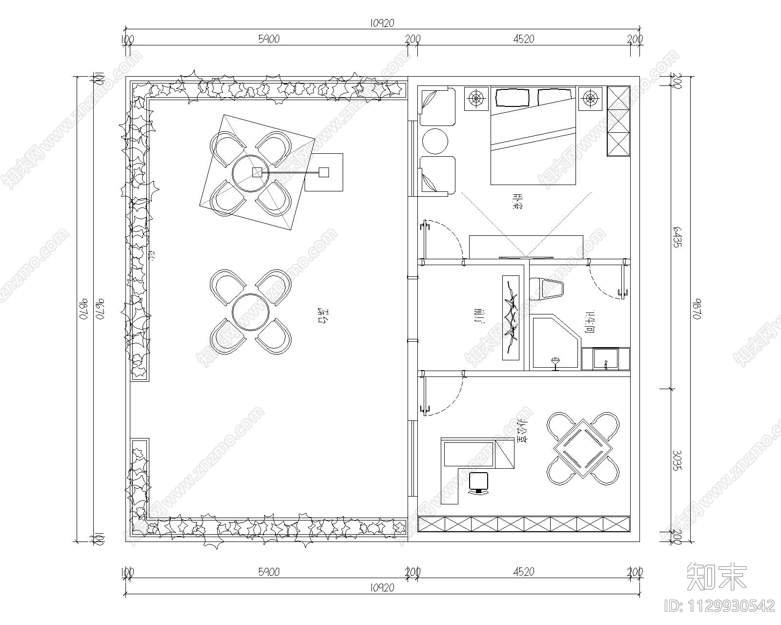 休闲娱乐茶室平面方案cad施工图下载【ID:1129930542】