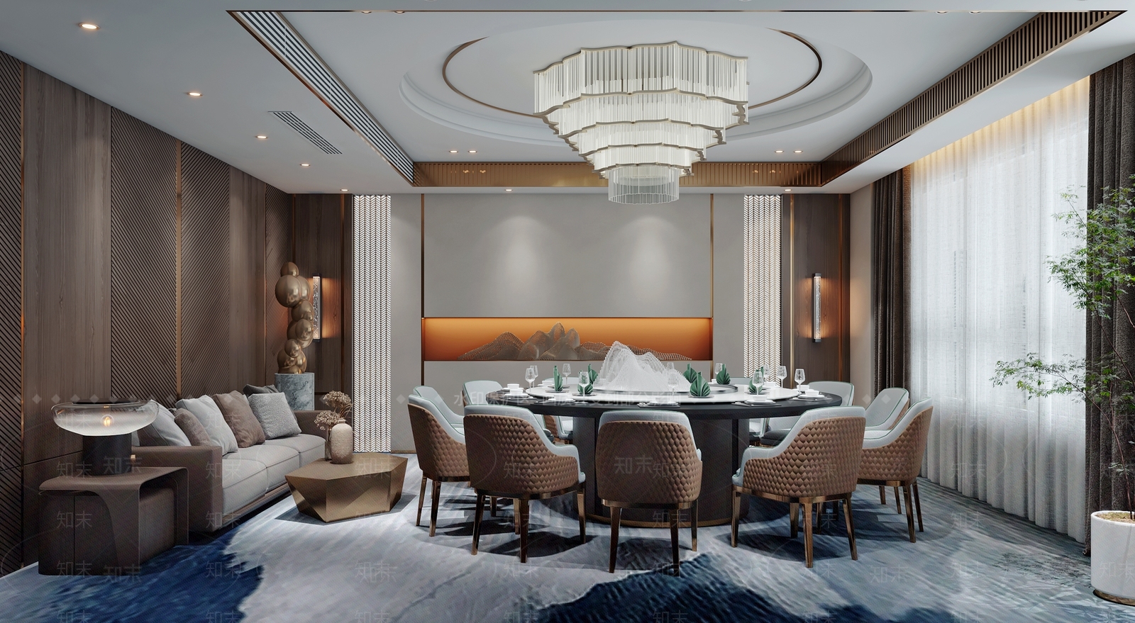 新中式酒店餐厅包间3D模型下载【ID:1129841419】