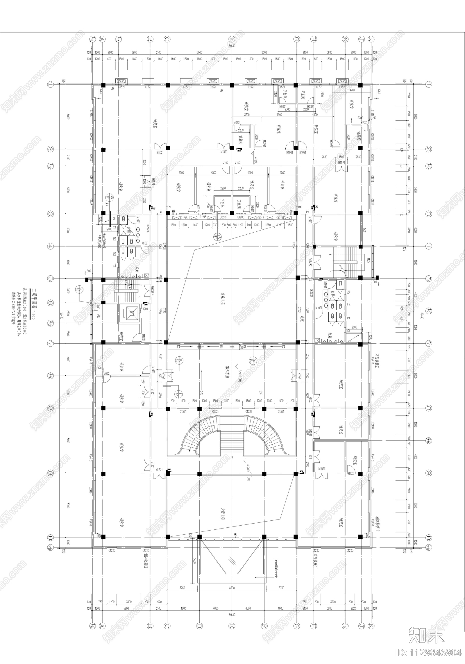 研发楼办公建筑cad施工图下载【ID:1129846904】