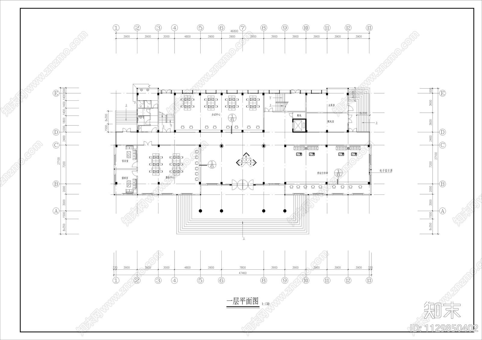 八层社保局全套cad施工图下载【ID:1129850402】