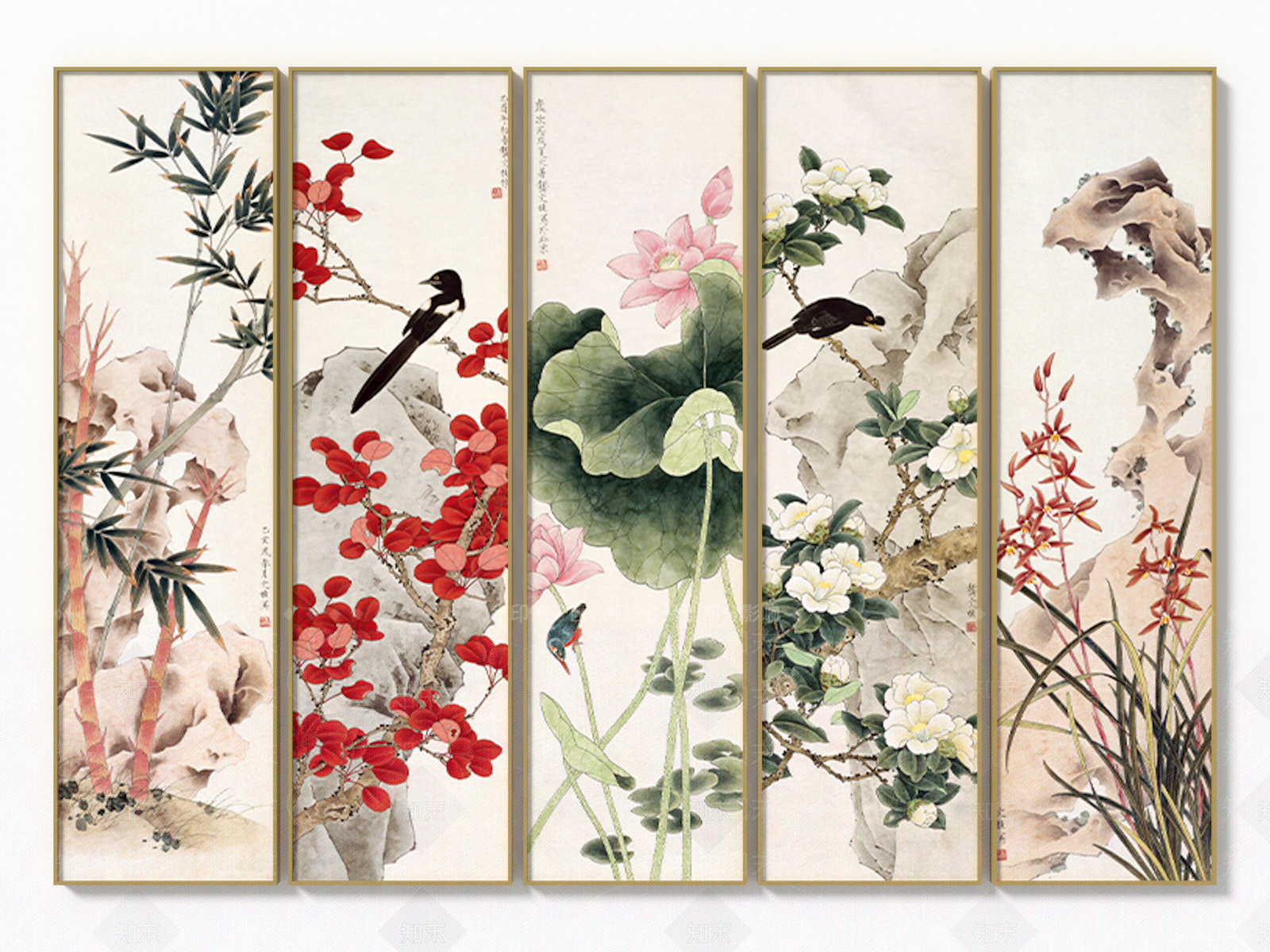 新中式禅意淡雅花鸟植物装饰画SU模型下载【ID:1129852370】