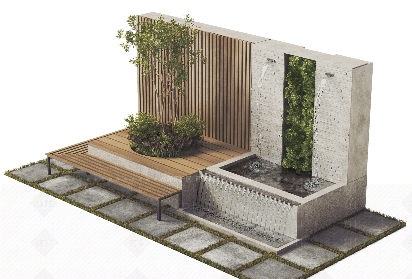 现代户外景观喷泉座椅SU模型下载【ID:1129884059】