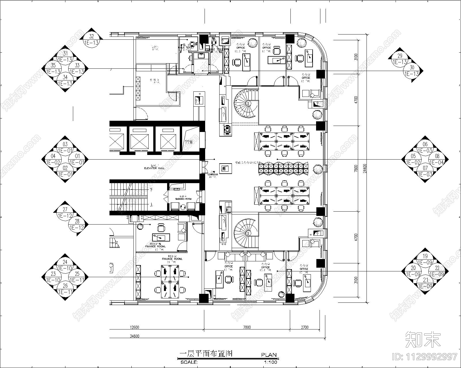 现代风格办公室cad施工图下载【ID:1129992997】