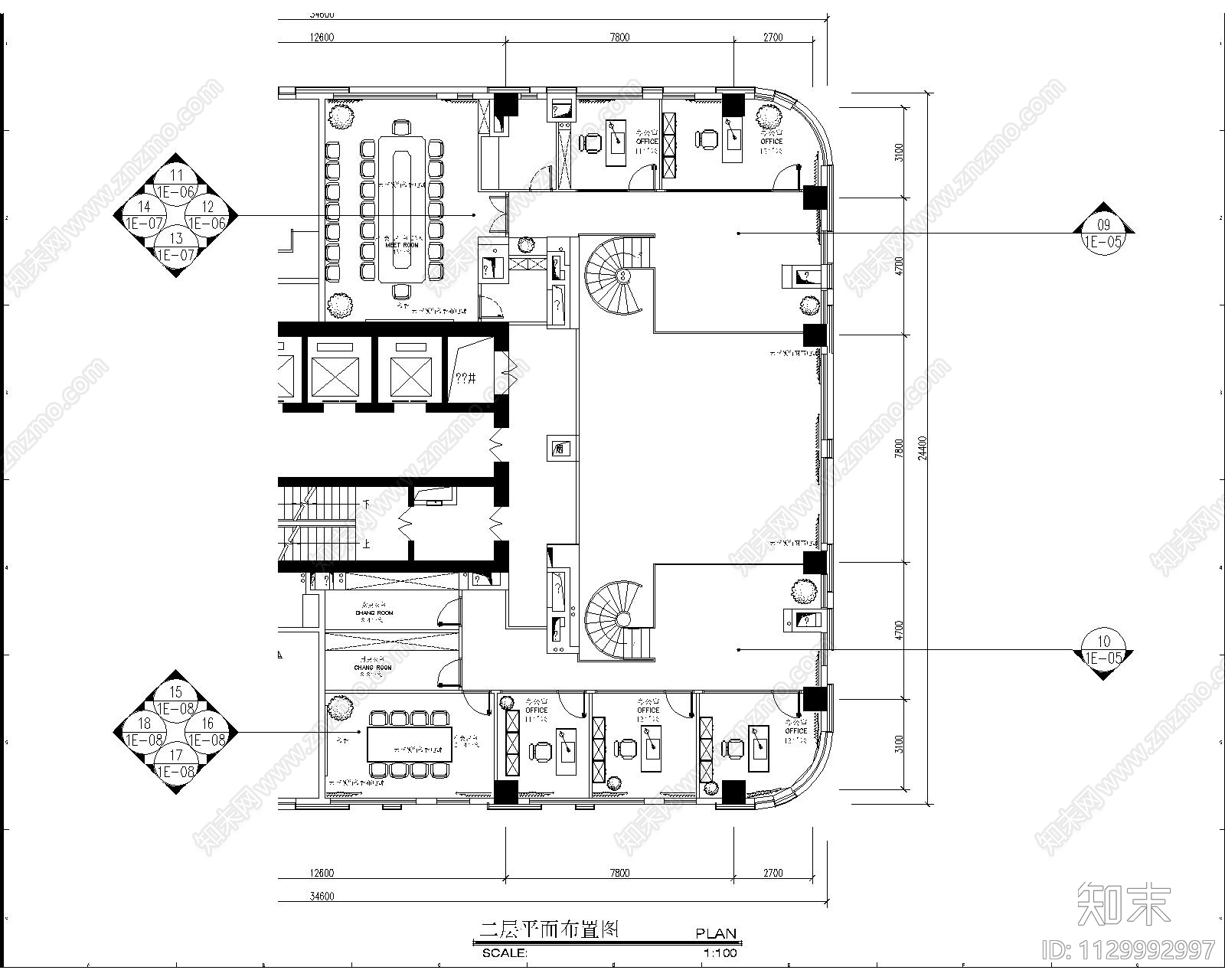 现代风格办公室cad施工图下载【ID:1129992997】