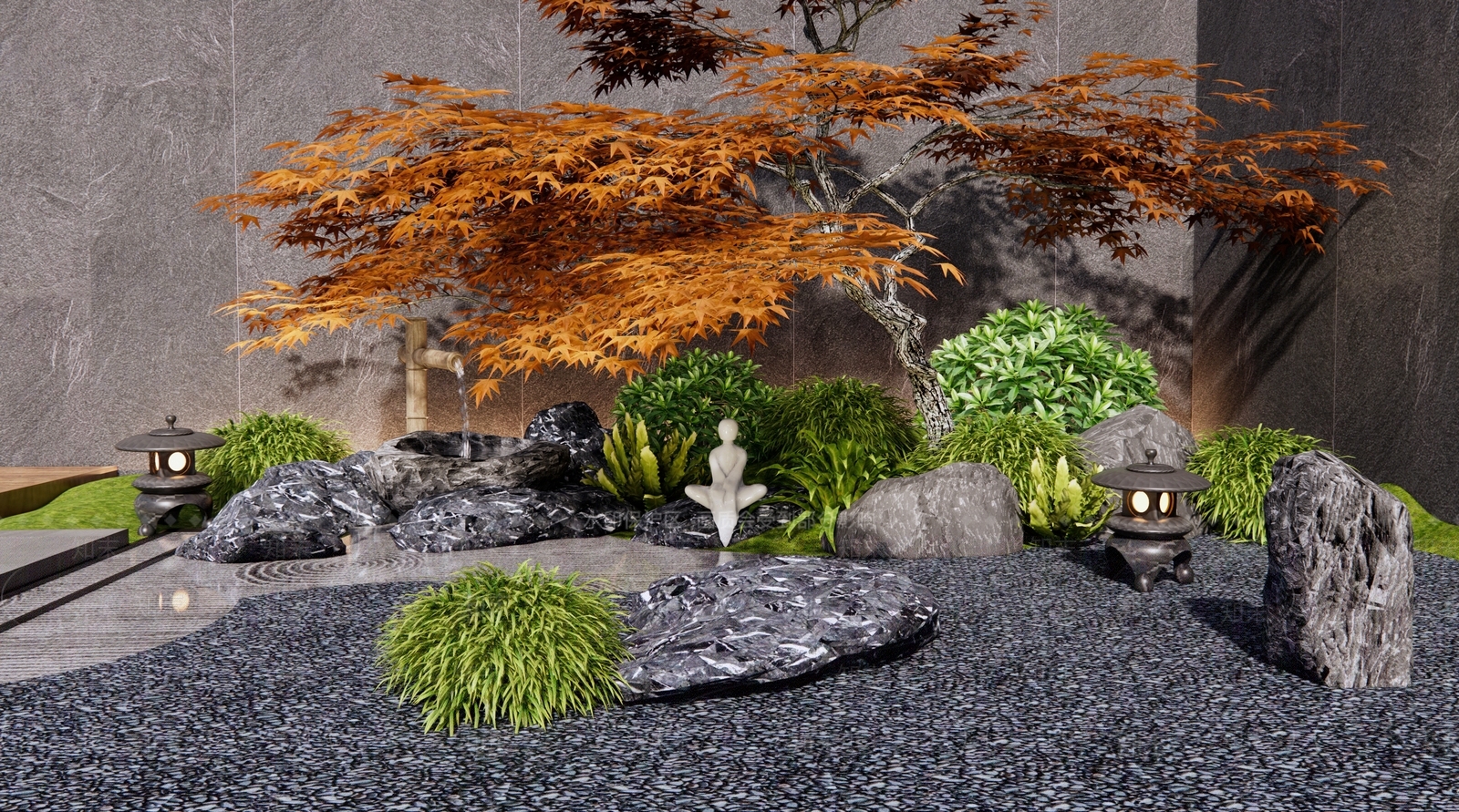 日式枯山水假山水景3D模型下载【ID:1129907676】