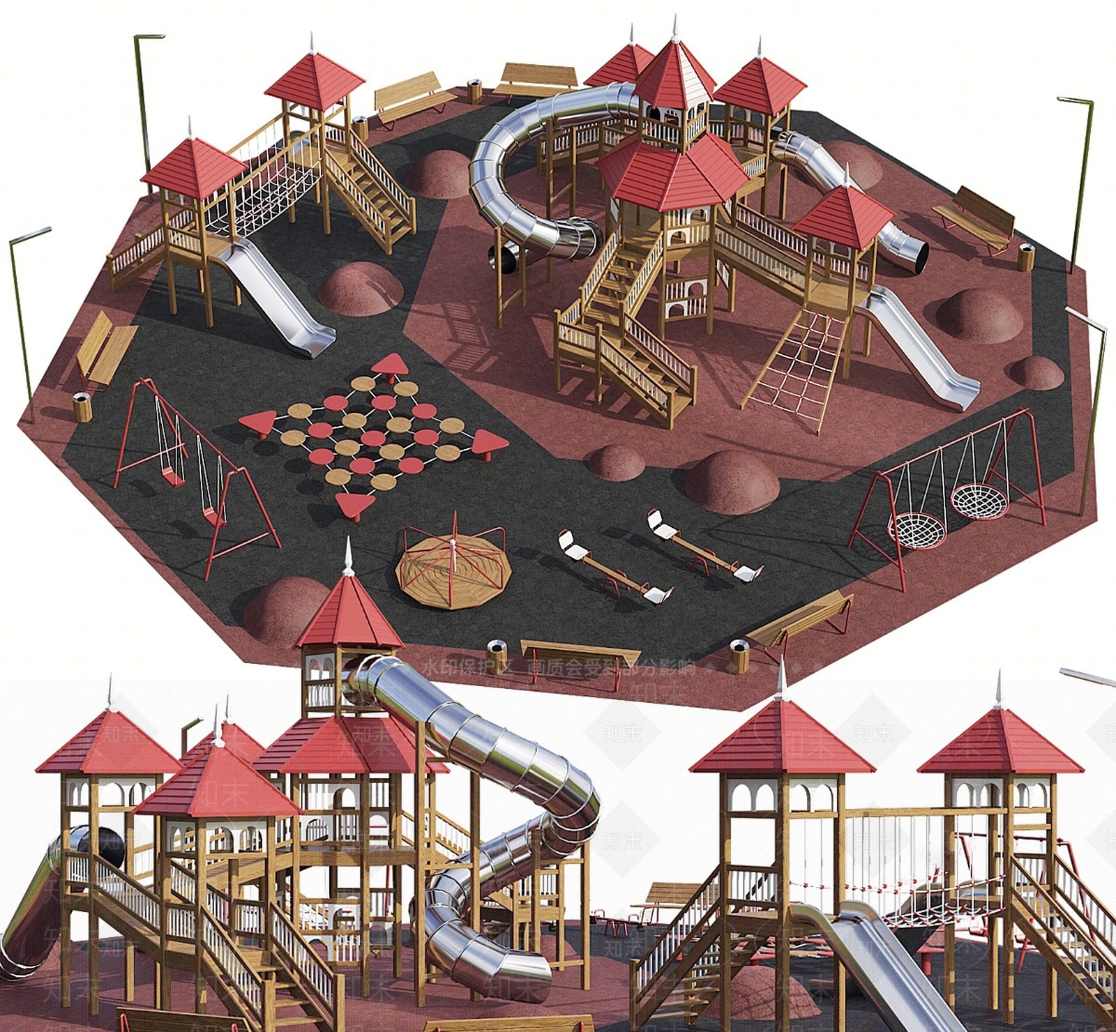 户外儿童玩耍游乐场器材滑梯组合SU模型下载【ID:1129915544】