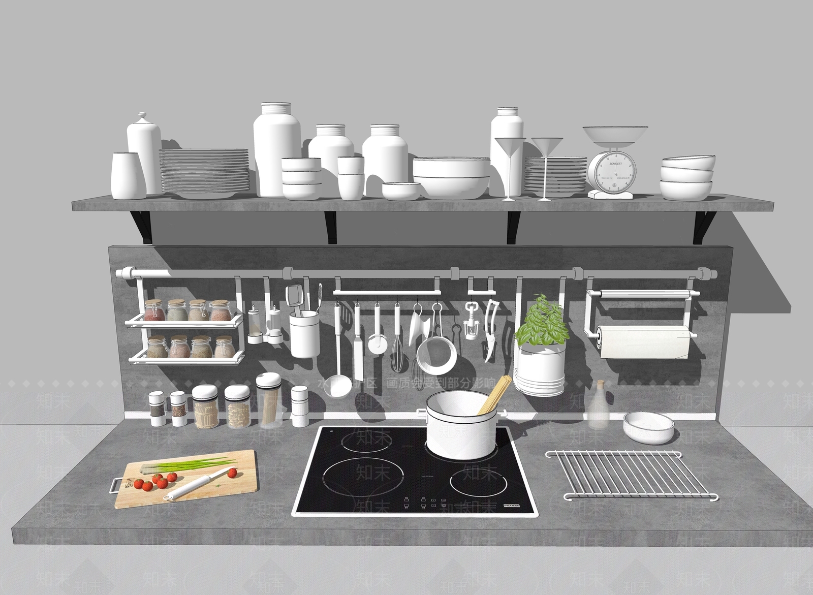 陶瓷碗碟餐具厨具厨房用品组合SU模型下载【ID:1129915843】