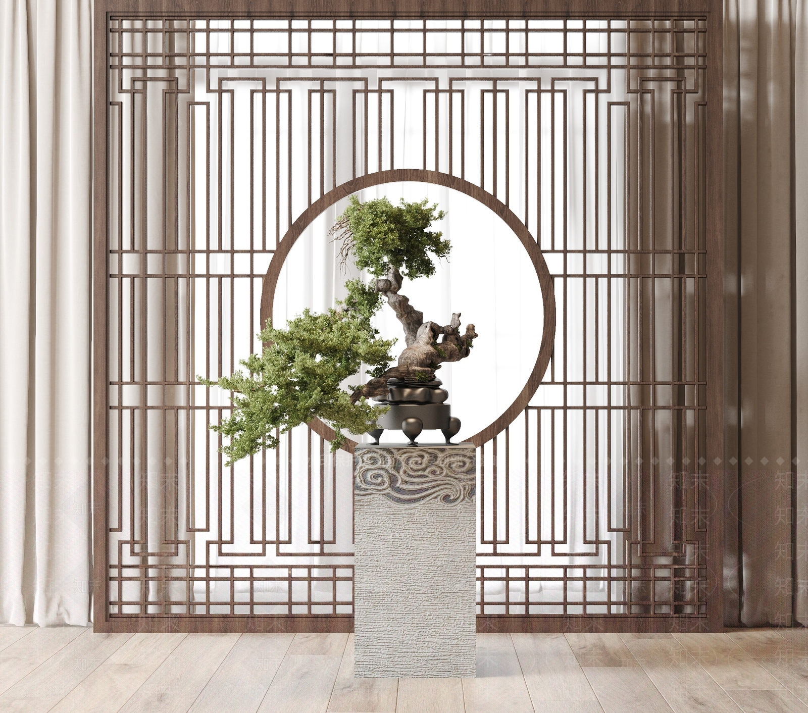 新中式绿植盆景3D模型下载【ID:1129935803】