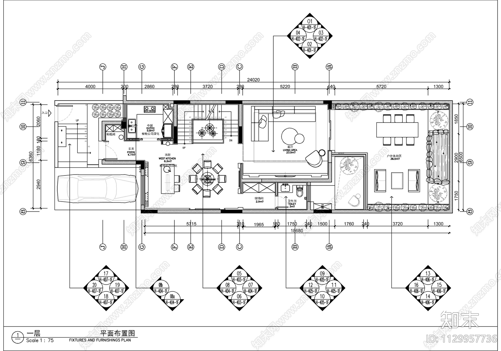 1200㎡现代别墅cad施工图下载【ID:1129957736】