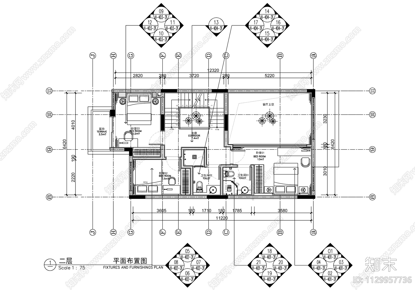 1200㎡现代别墅cad施工图下载【ID:1129957736】