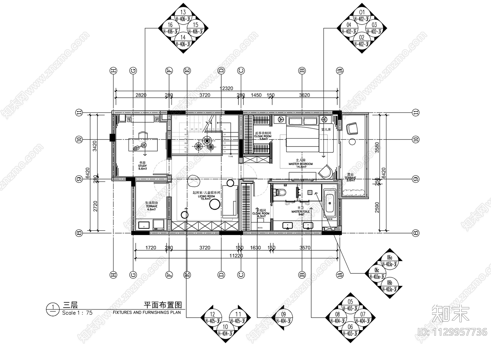 1200㎡现代别墅cad施工图下载【ID:1129957736】