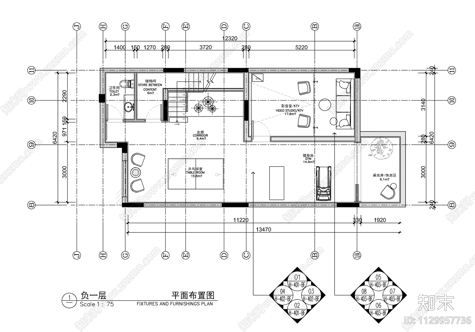 1200㎡现代别墅cad施工图下载【ID:1129957736】