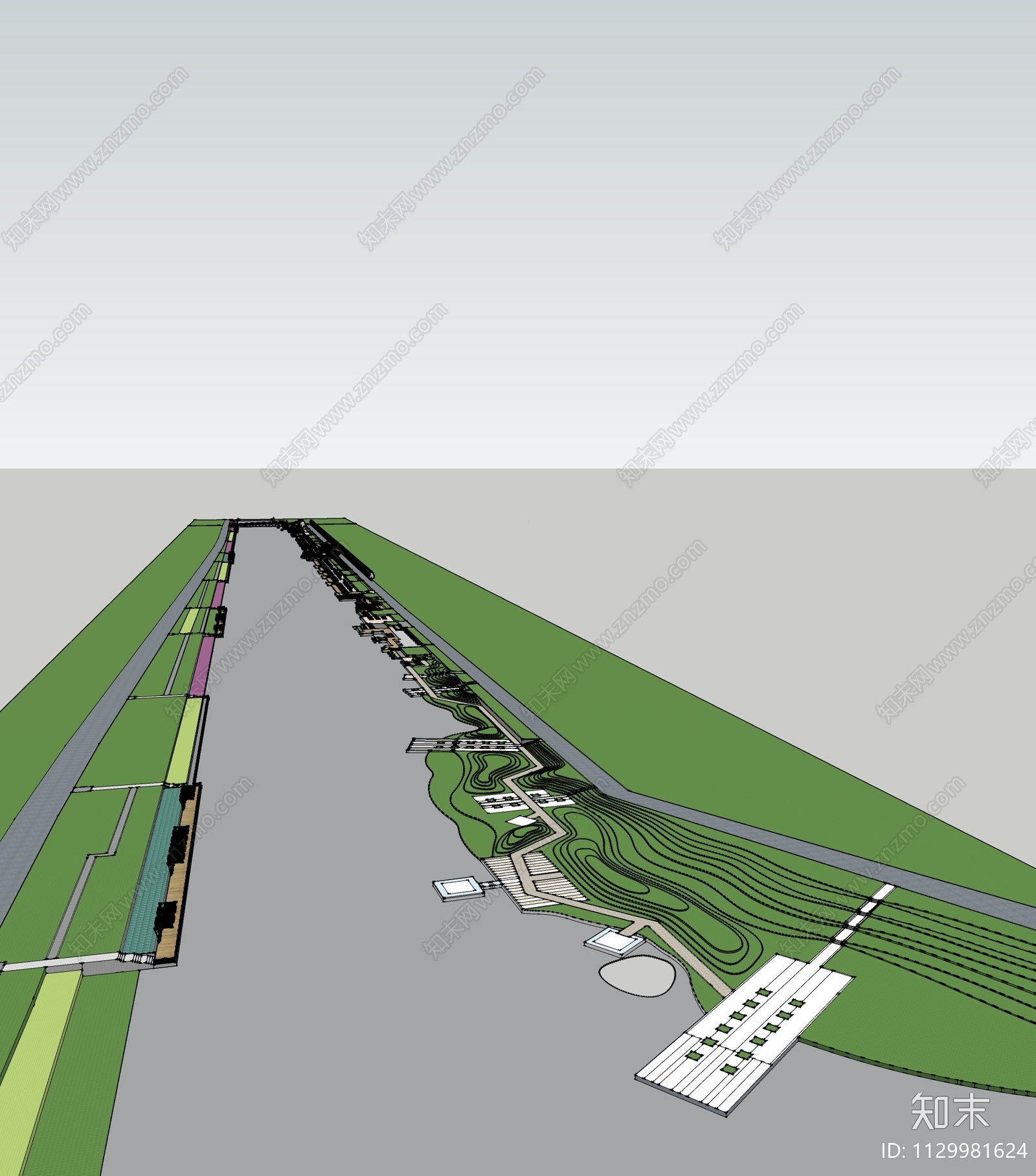 新中式湖滨带状公园滨水景观SU模型下载【ID:1129981624】