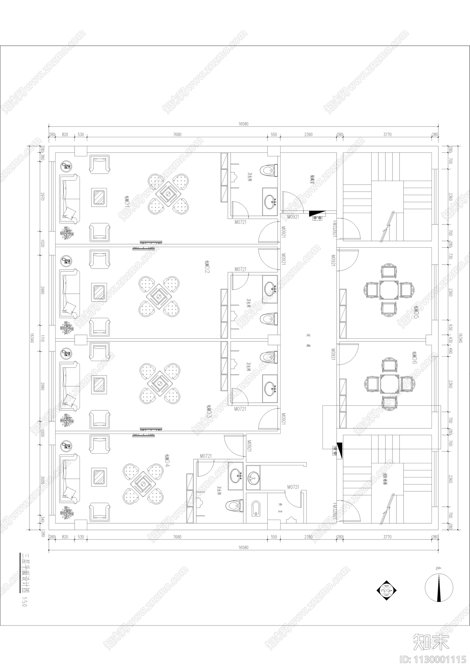 现代简约茶文化会所cad施工图下载【ID:1130001115】