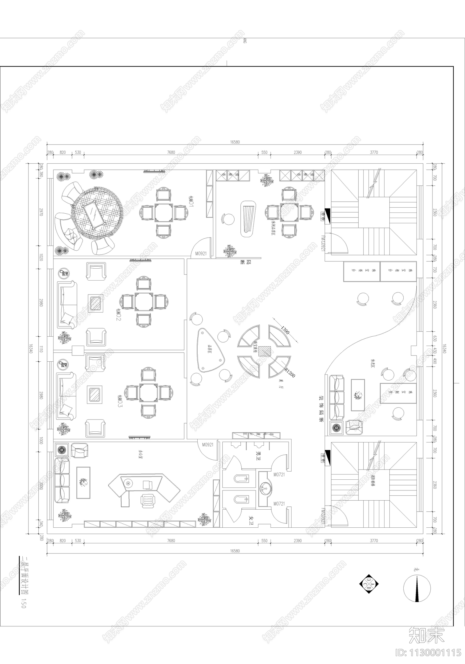 现代简约茶文化会所cad施工图下载【ID:1130001115】