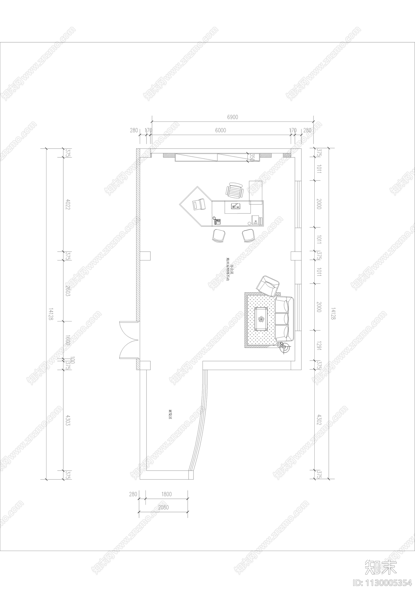 现代简约小型办公室cad施工图下载【ID:1130005354】