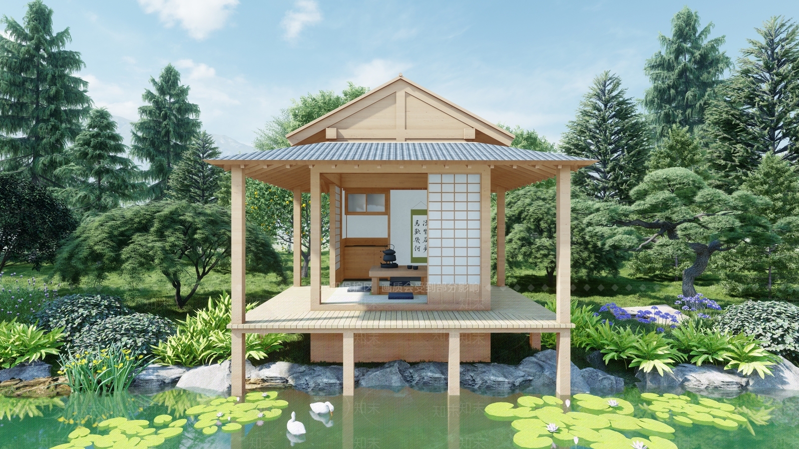 日式户外花园庭院茶室茶亭SU模型下载【ID:1130007329】