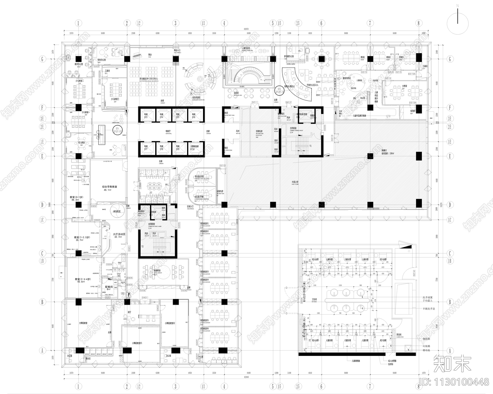 九学里儿童培训教育机构效果图cad施工图下载【ID:1130100448】