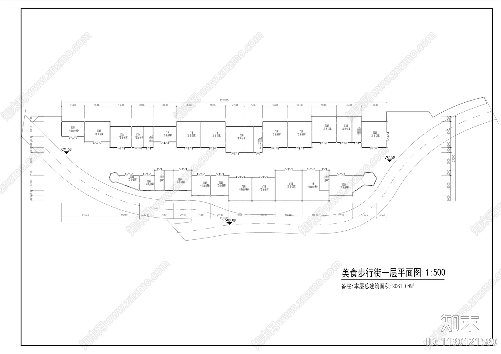 混搭美食步行街平面图cad施工图下载【ID:1130121580】