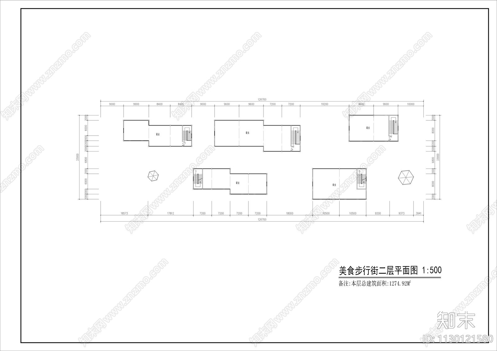 混搭美食步行街平面图cad施工图下载【ID:1130121580】