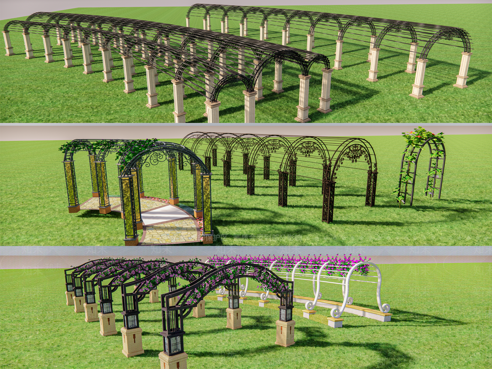 欧式铁艺花架廊架SU模型下载【ID:1130122377】