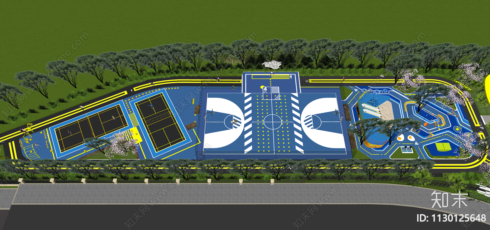 现代体育公园篮球场羽毛球场儿童活动区健身SU模型下载【ID:1130125648】