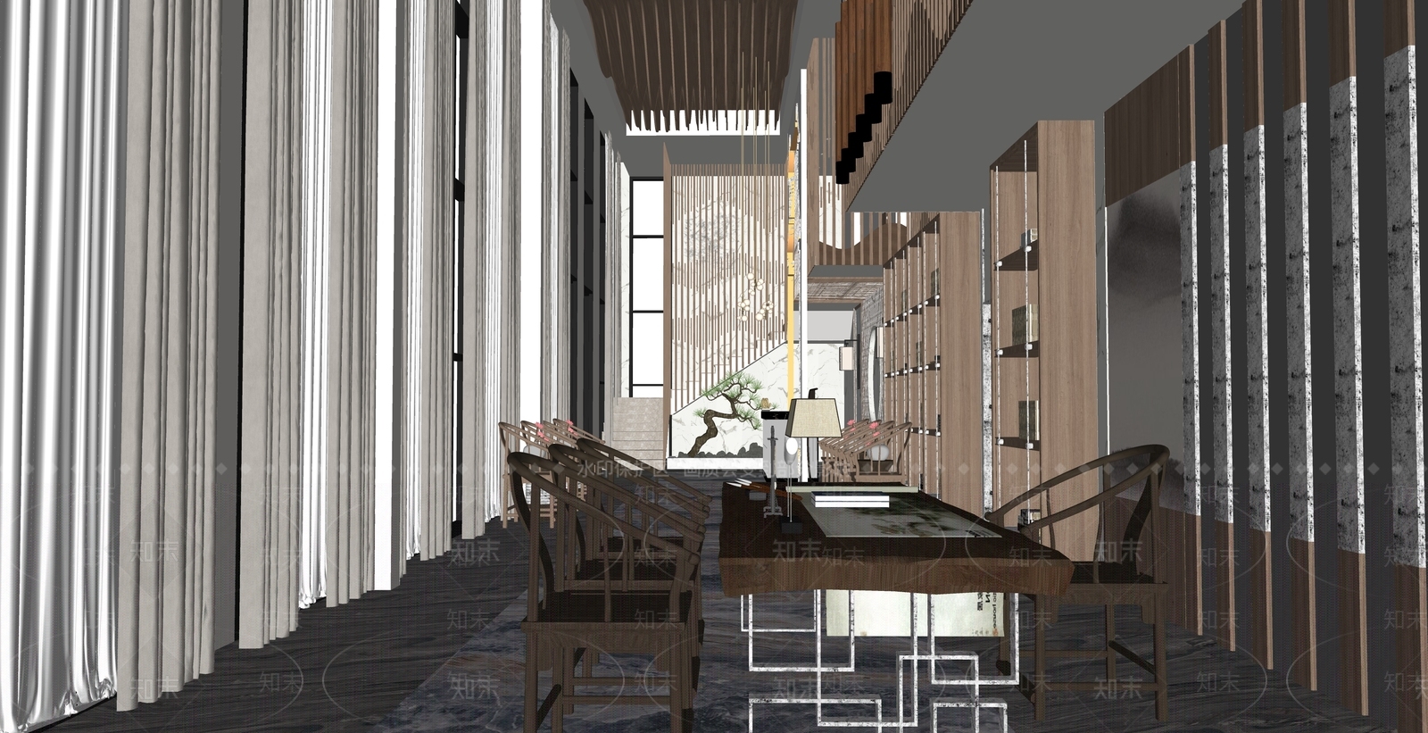 新中式酒店大堂SU模型下载【ID:1130127549】
