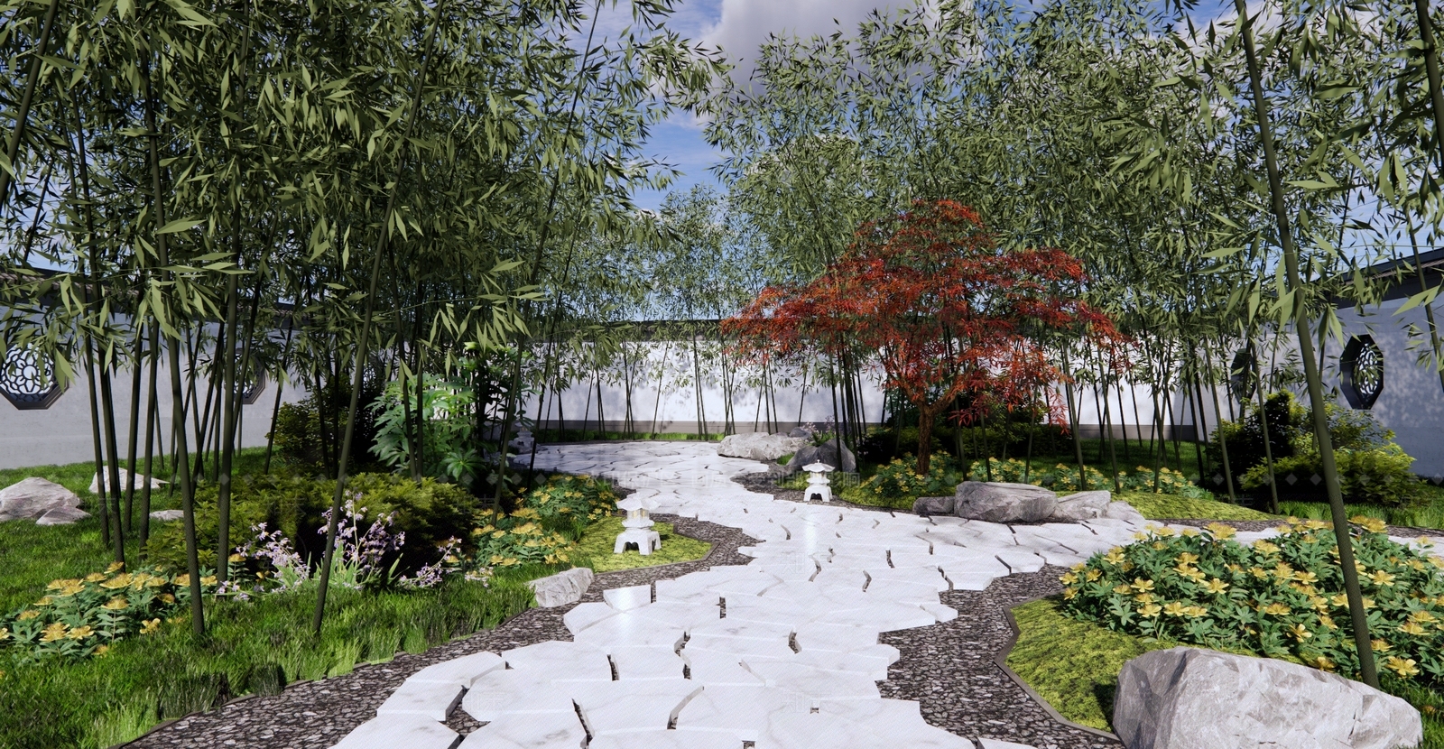 新中式住宅庭院景观SU模型下载【ID:1130133780】