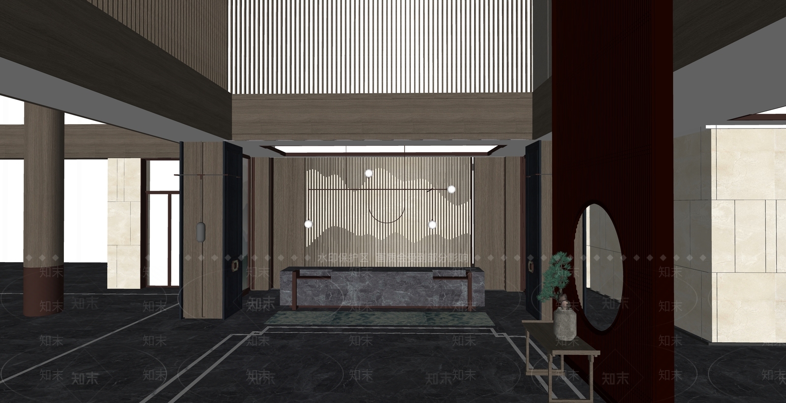 新中式酒店大堂SU模型下载【ID:1130134073】