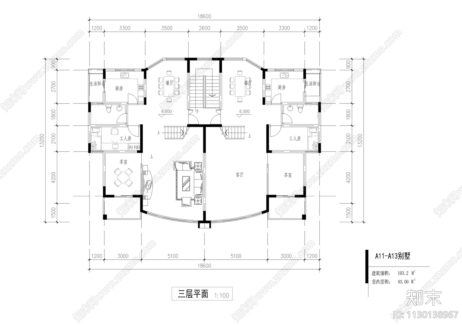 三层双拼别墅建筑cad施工图下载【ID:1130138967】