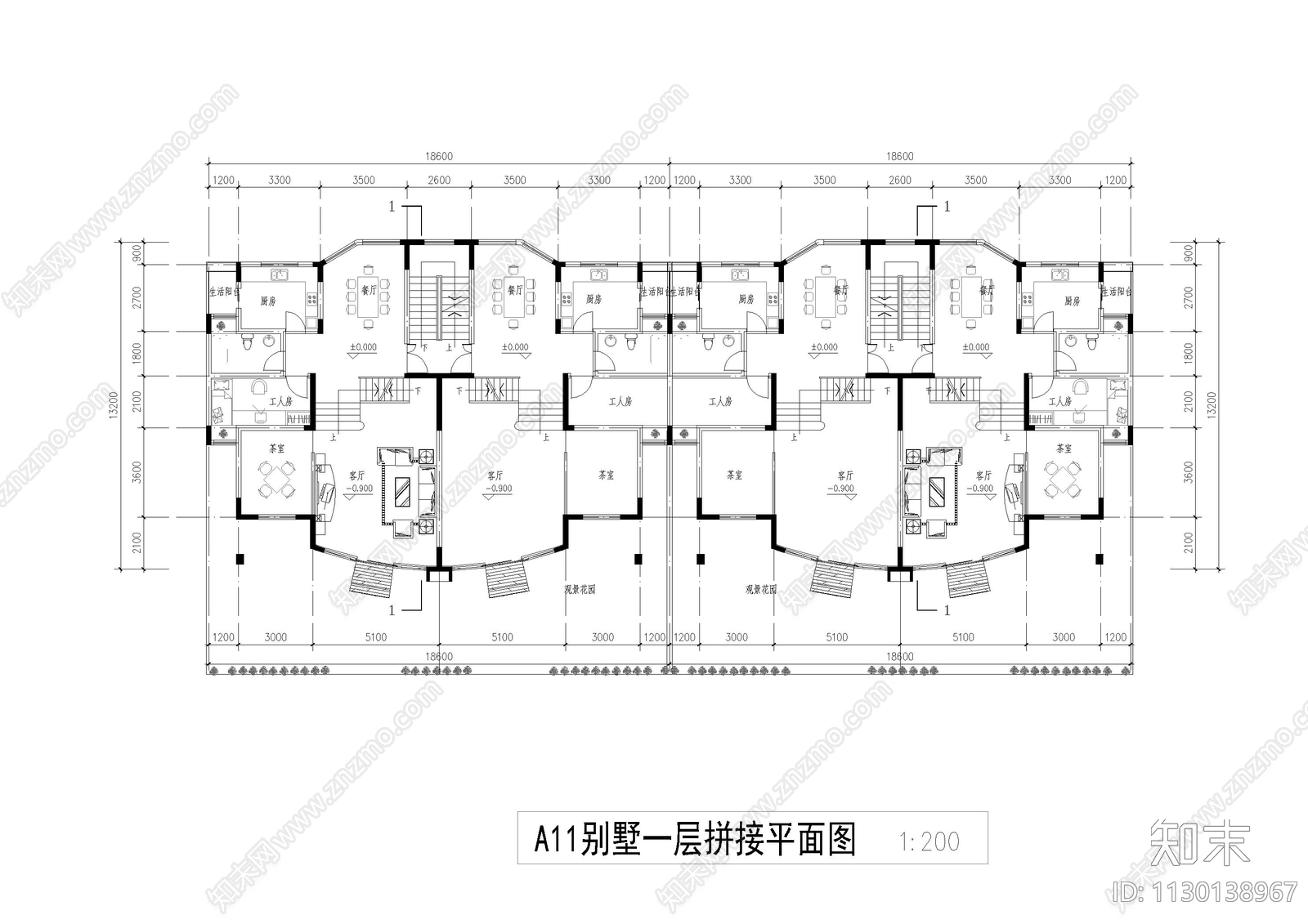 三层双拼别墅建筑cad施工图下载【ID:1130138967】