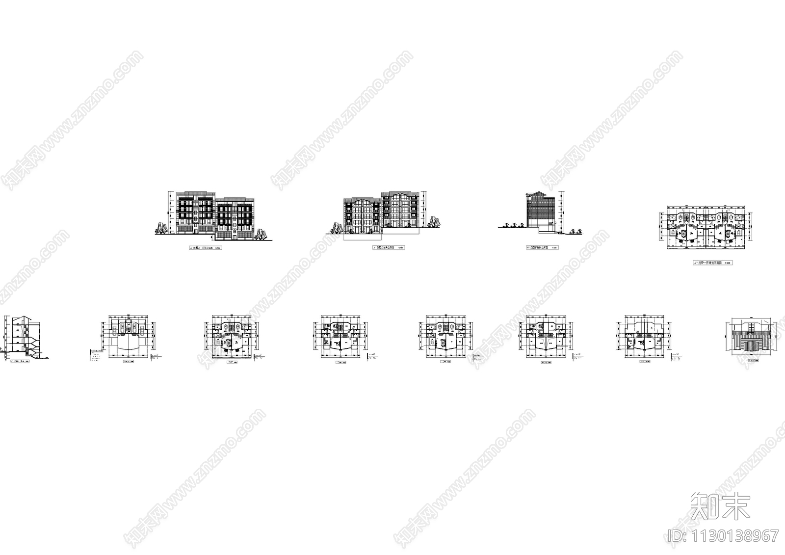 三层双拼别墅建筑cad施工图下载【ID:1130138967】