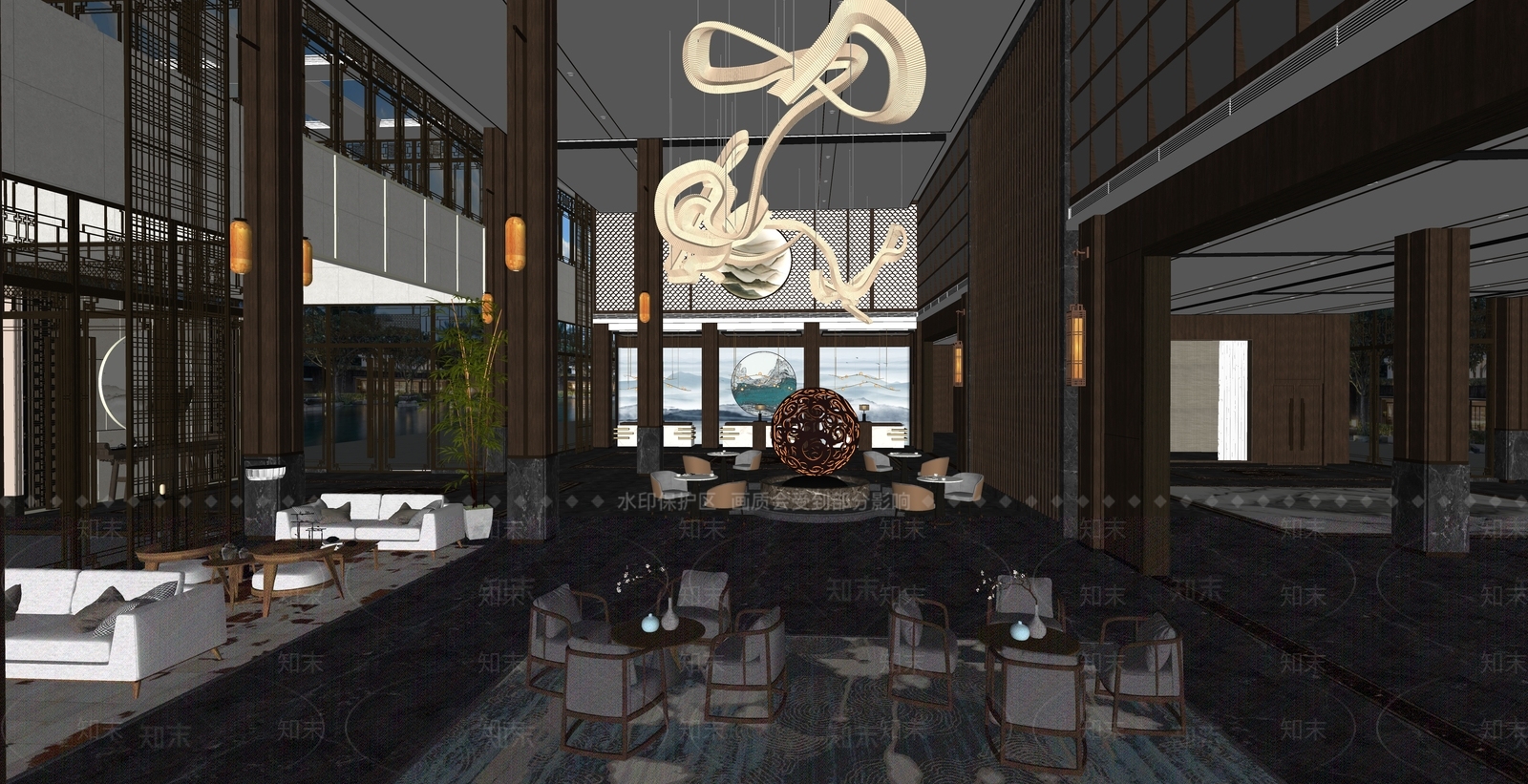 新中式酒店大堂SU模型下载【ID:1130152769】