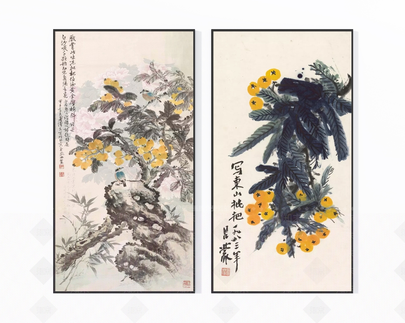 新中式雅致琵琶飞鸟意境双拼挂画3D模型下载【ID:1130155855】