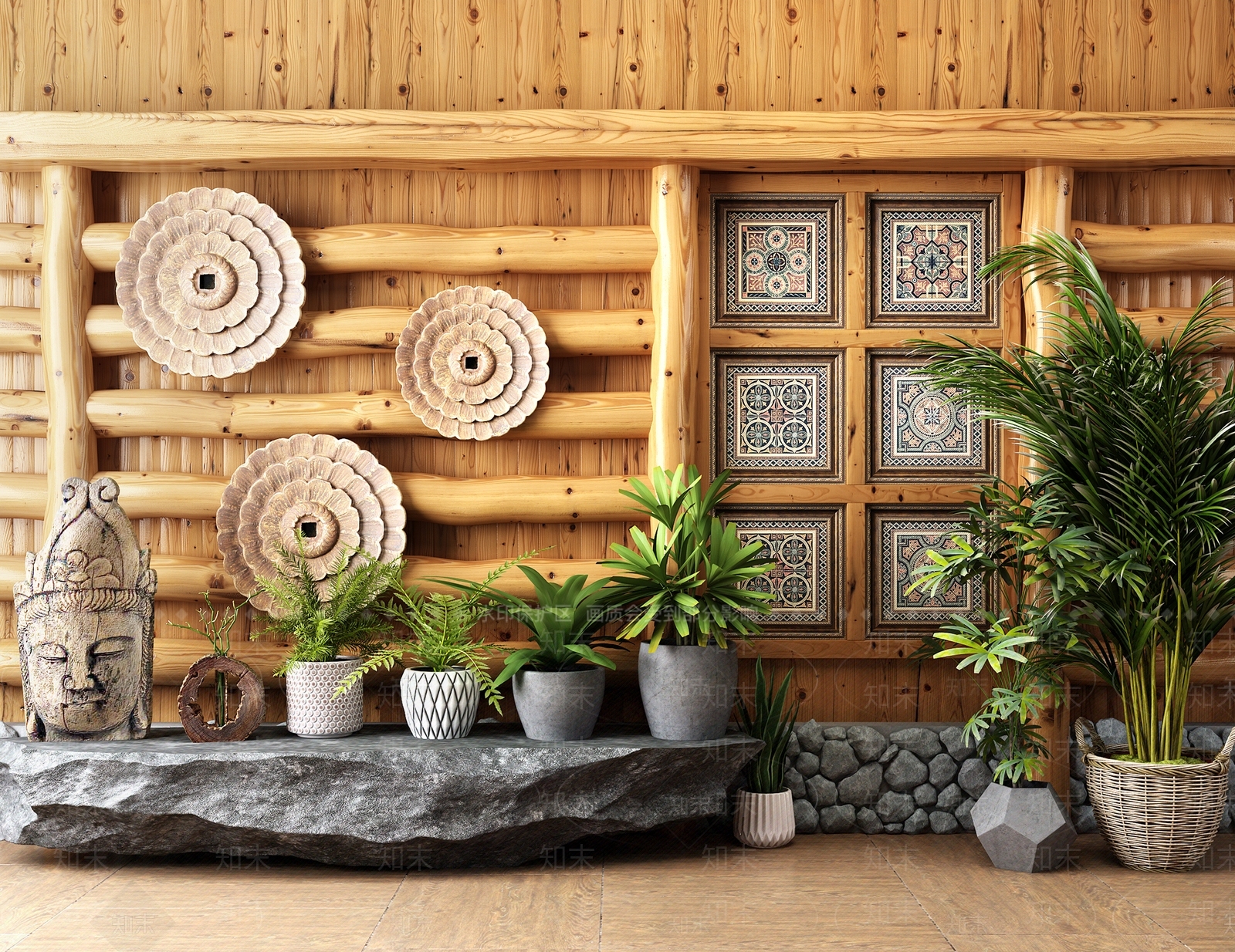东南亚石台植物盆栽墙饰壁饰木头装饰摆设组合SU模型下载【ID:1130172395】