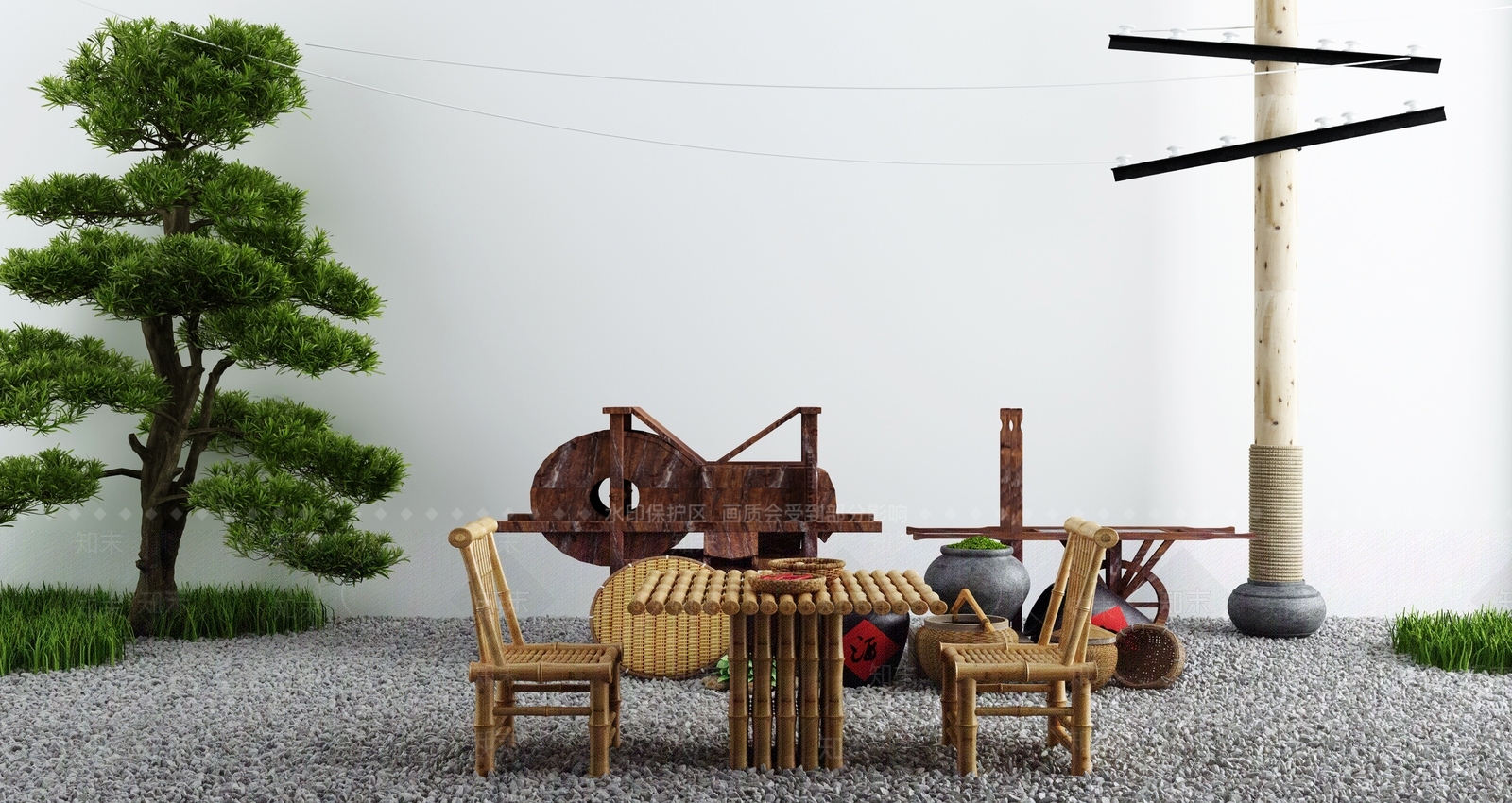 新中式农家乐庭院景观小品3D模型下载【ID:1130236750】