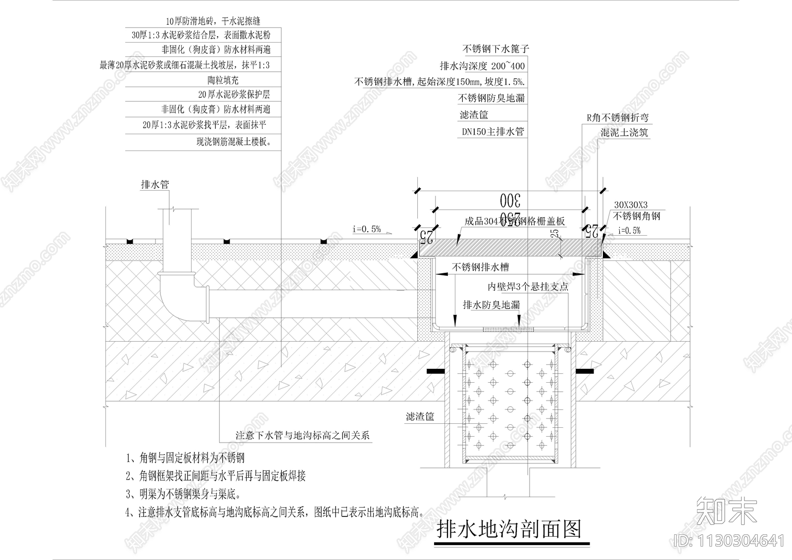 厨房排水地沟剖面节点cad施工图下载【ID:1130304641】