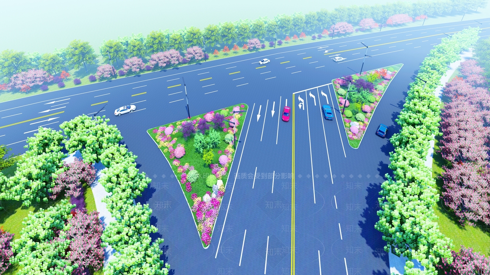 现代城市道路丁字口SU模型下载【ID:1130304779】