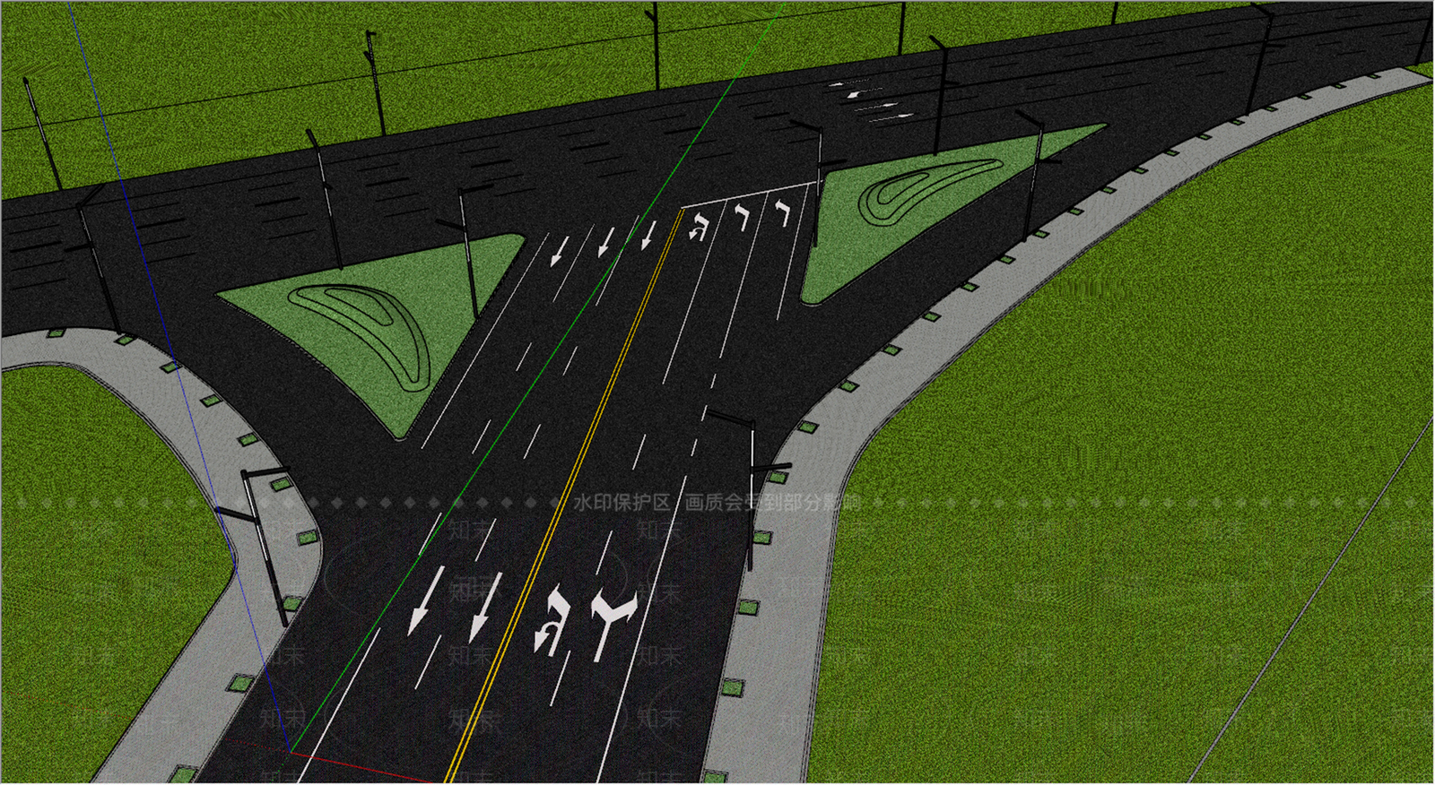 现代城市道路丁字口SU模型下载【ID:1130304779】