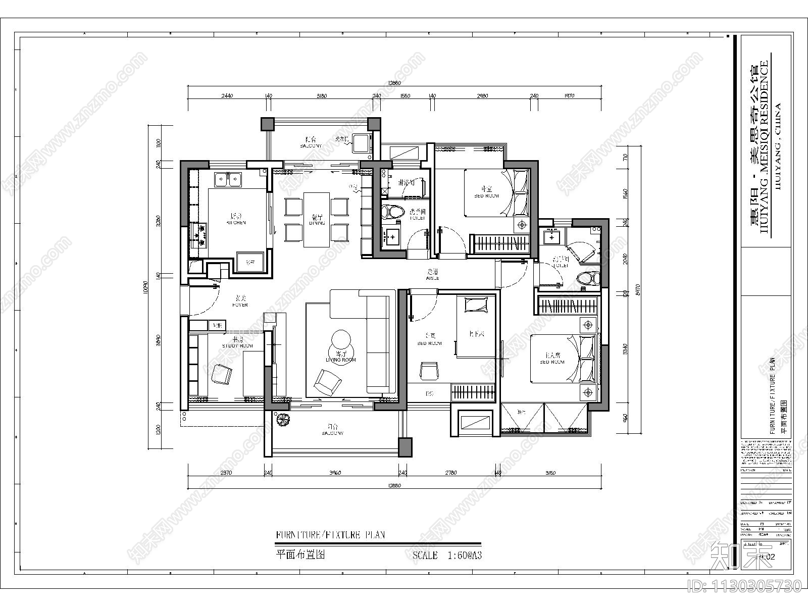 家装平层室内效果图全套cad施工图下载【ID:1130305730】