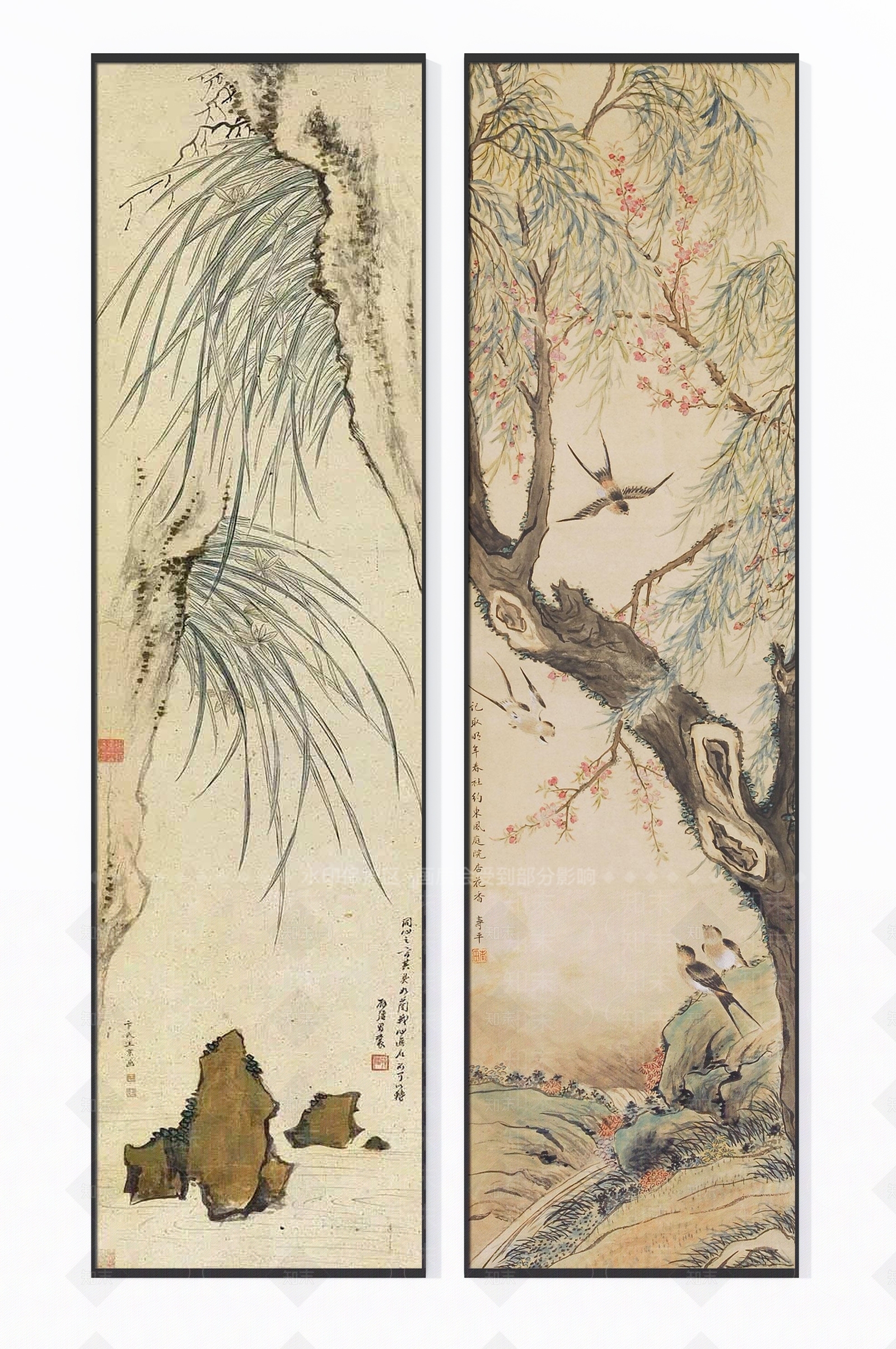 新中式意境兰花柳树飞鸟风景图案双拼画3D模型下载【ID:1130311860】